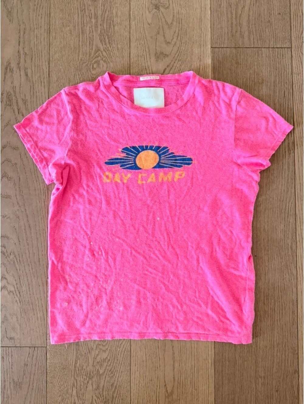MOTHER The Lil Sinful Day Camp Neon Pink Graphic Tee Cotton Linen Womens M